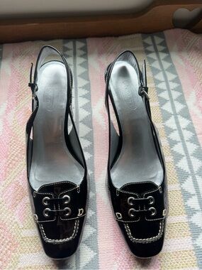 Talbots Black Patent Slingback Mules